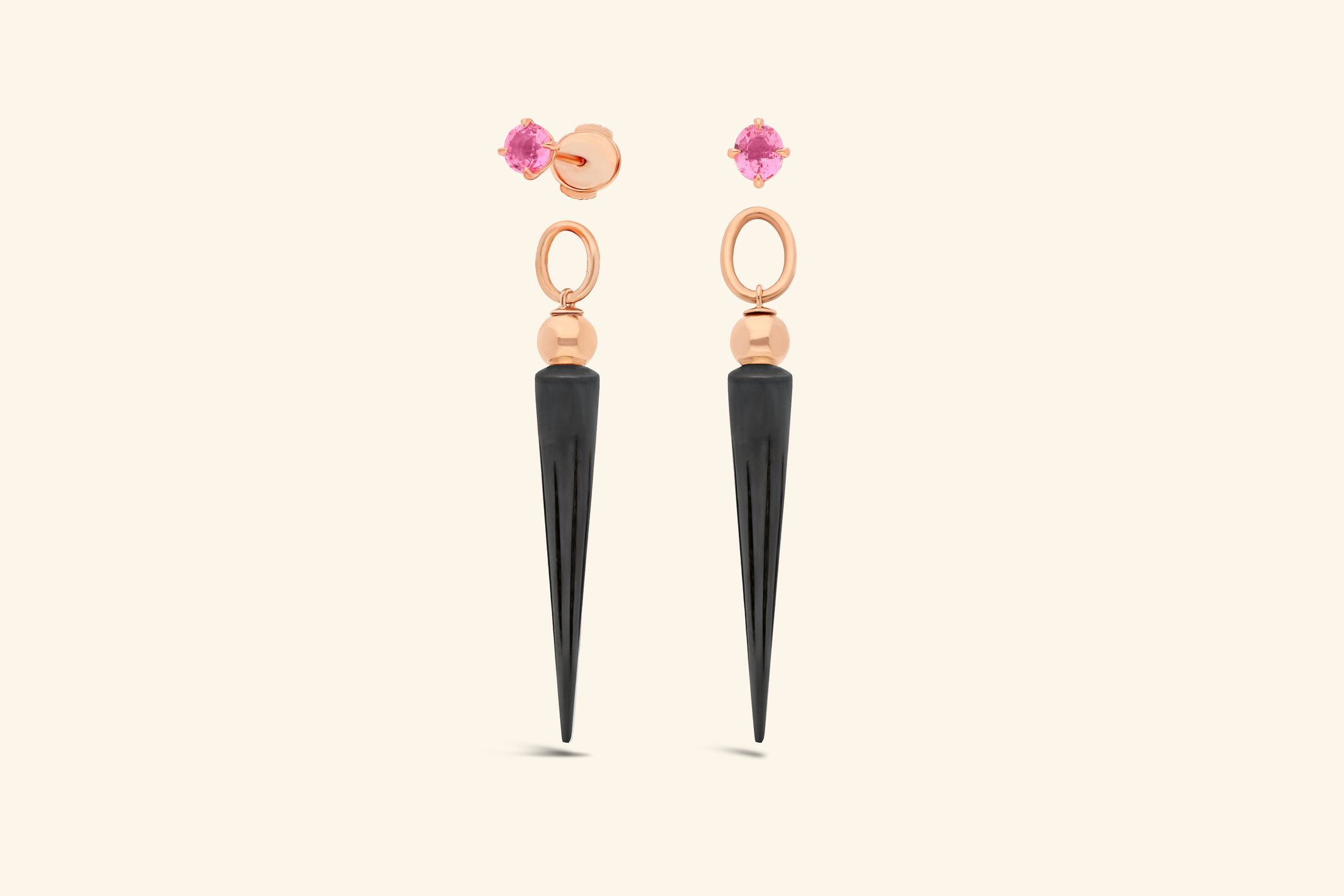 Pampille earrings, rose gold, blackened silver, pink spinels