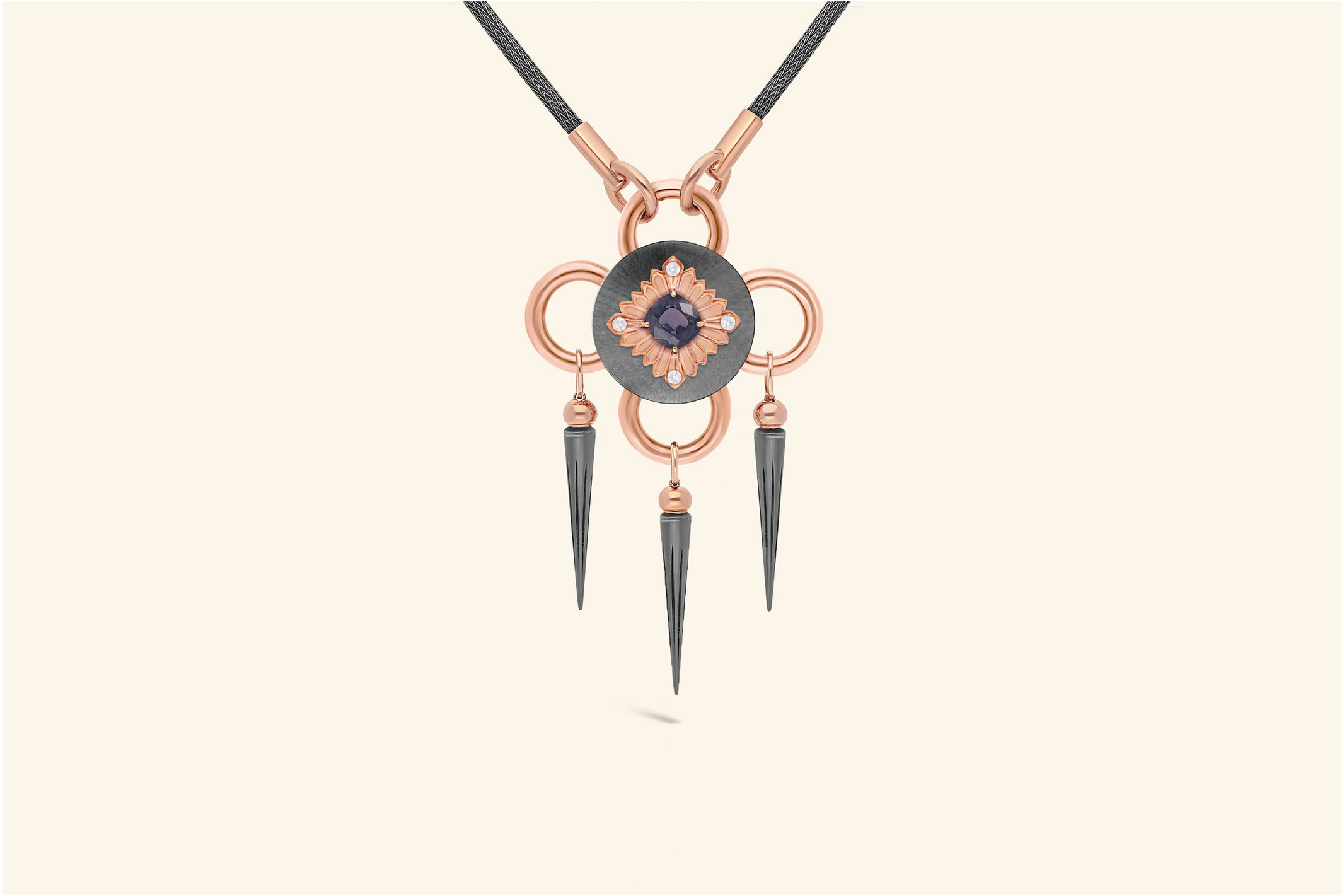 Bolt necklaceblackened silver and rose gold, diamonds, grey spinel