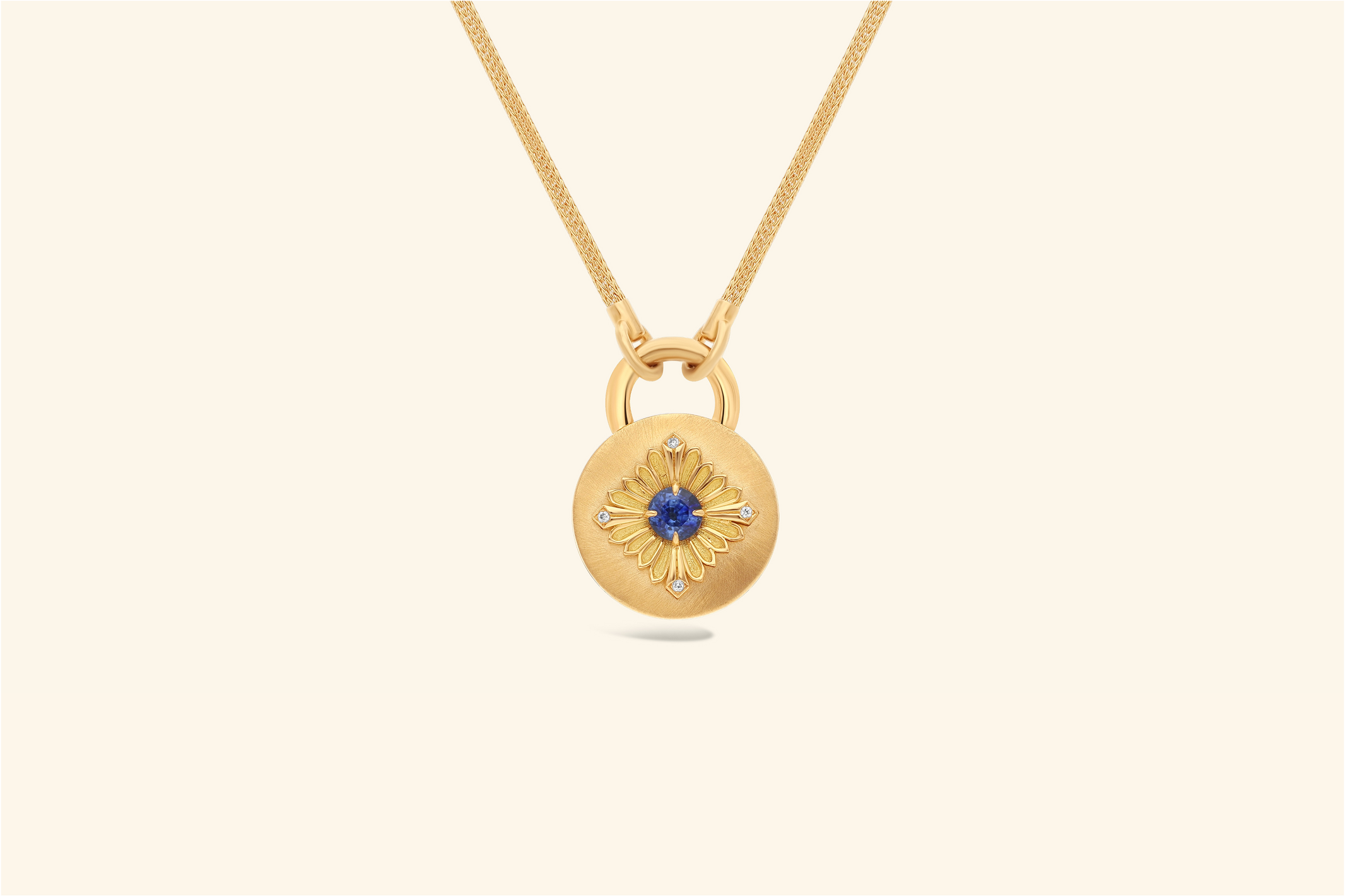 Tag necklace, yellow gold, diamonds, sapphire