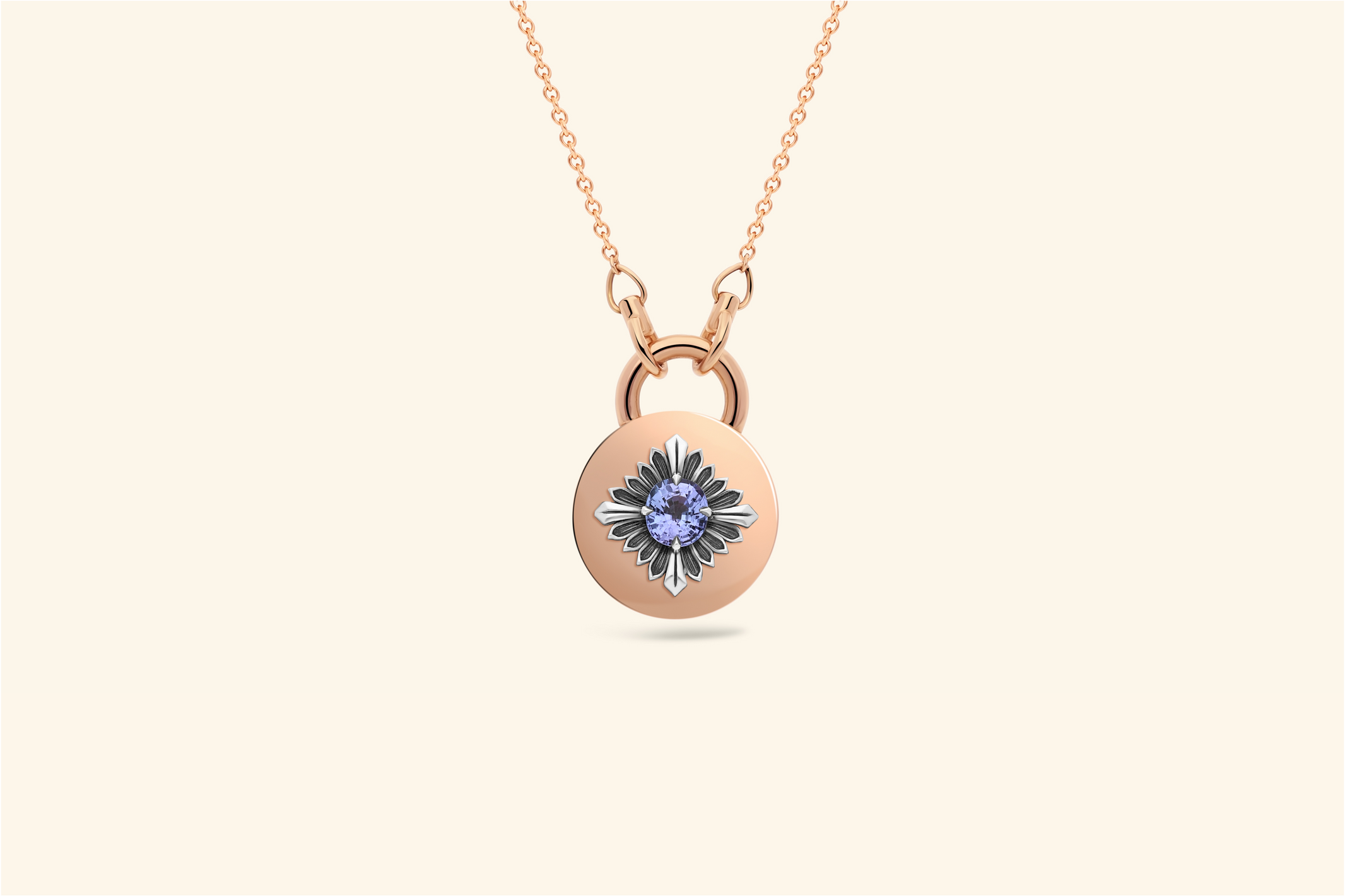 Tag necklace, rose gold, blackened silver, tanzanite