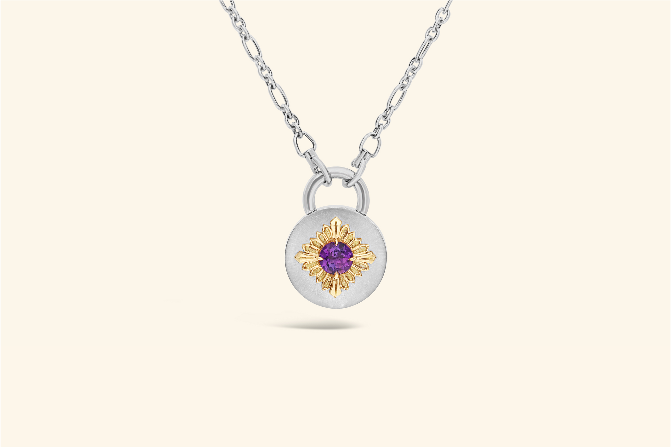 Tag necklace, silver, yellow gold, amethyst