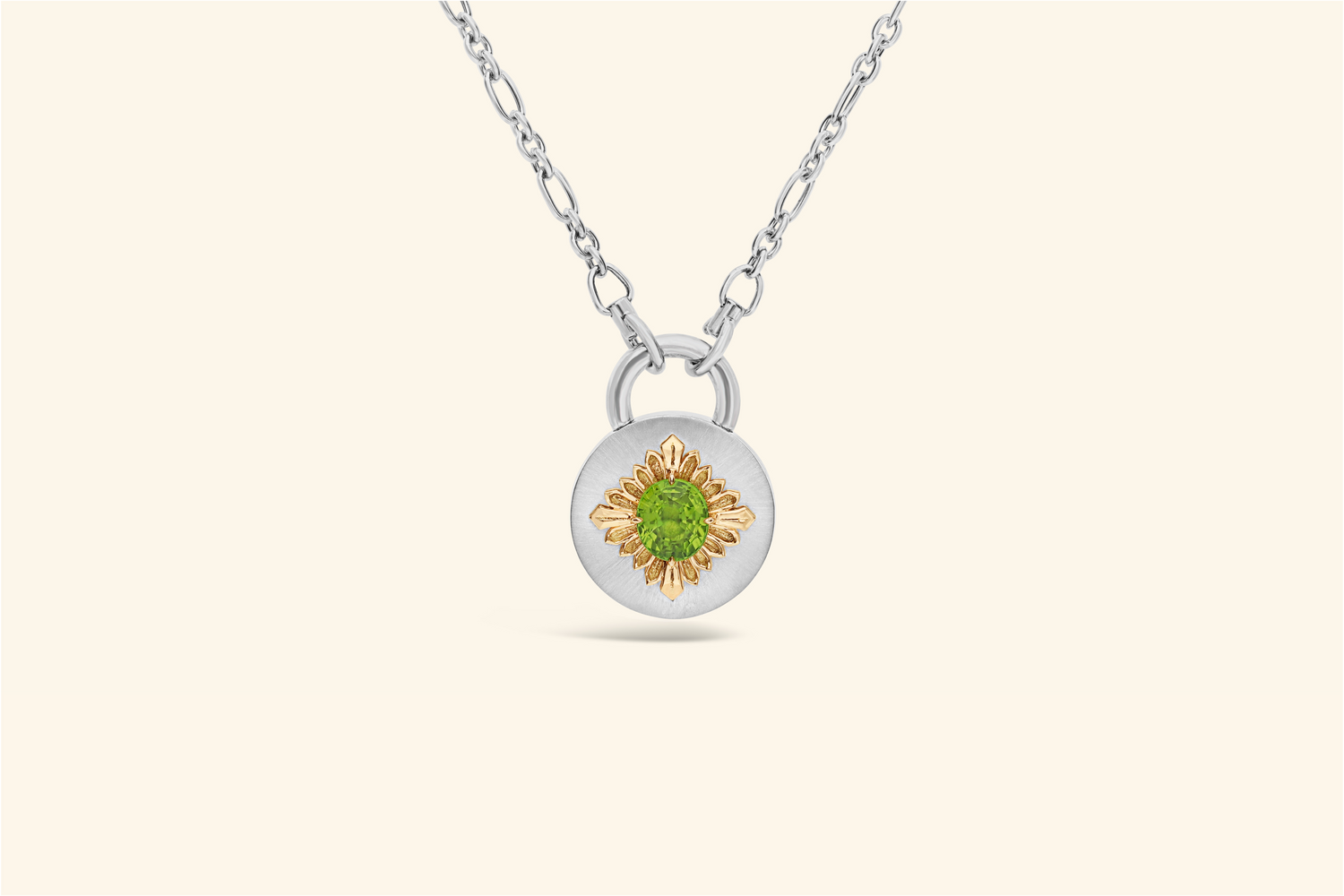 Tag necklace, silver, yellow gold, peridot
