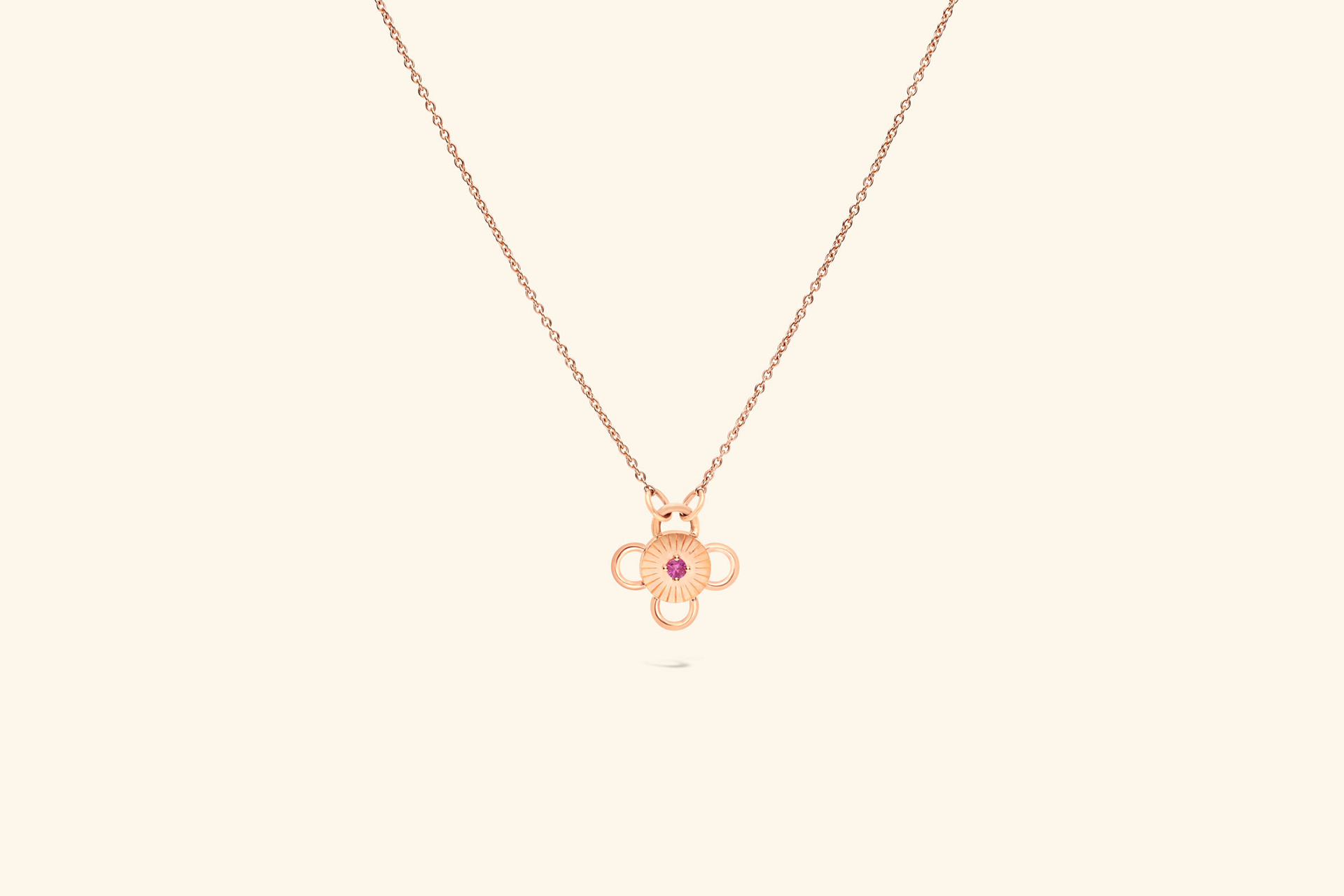 Baby Bolt NecklaceA ~0.07 carat pink sapphire set on a recycled rose gold motif. 