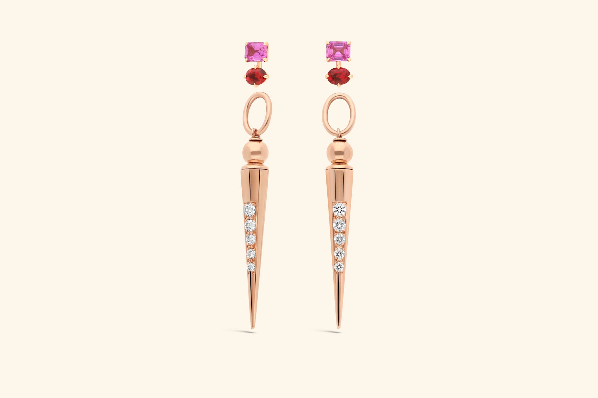 Pampille earring and stud, rose gold, spinels, diamonds