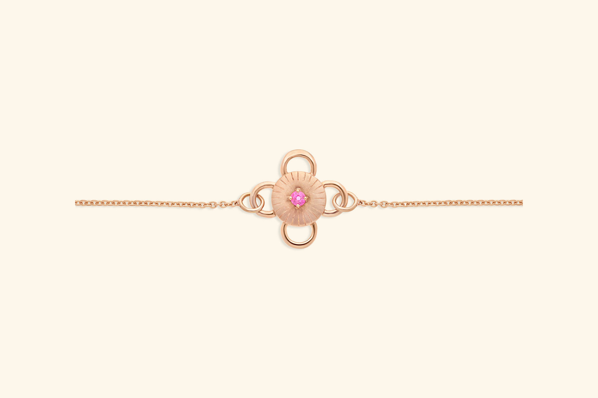 Baby Bolt bracelet, rose gold jewelry, set with a round pink sapphire