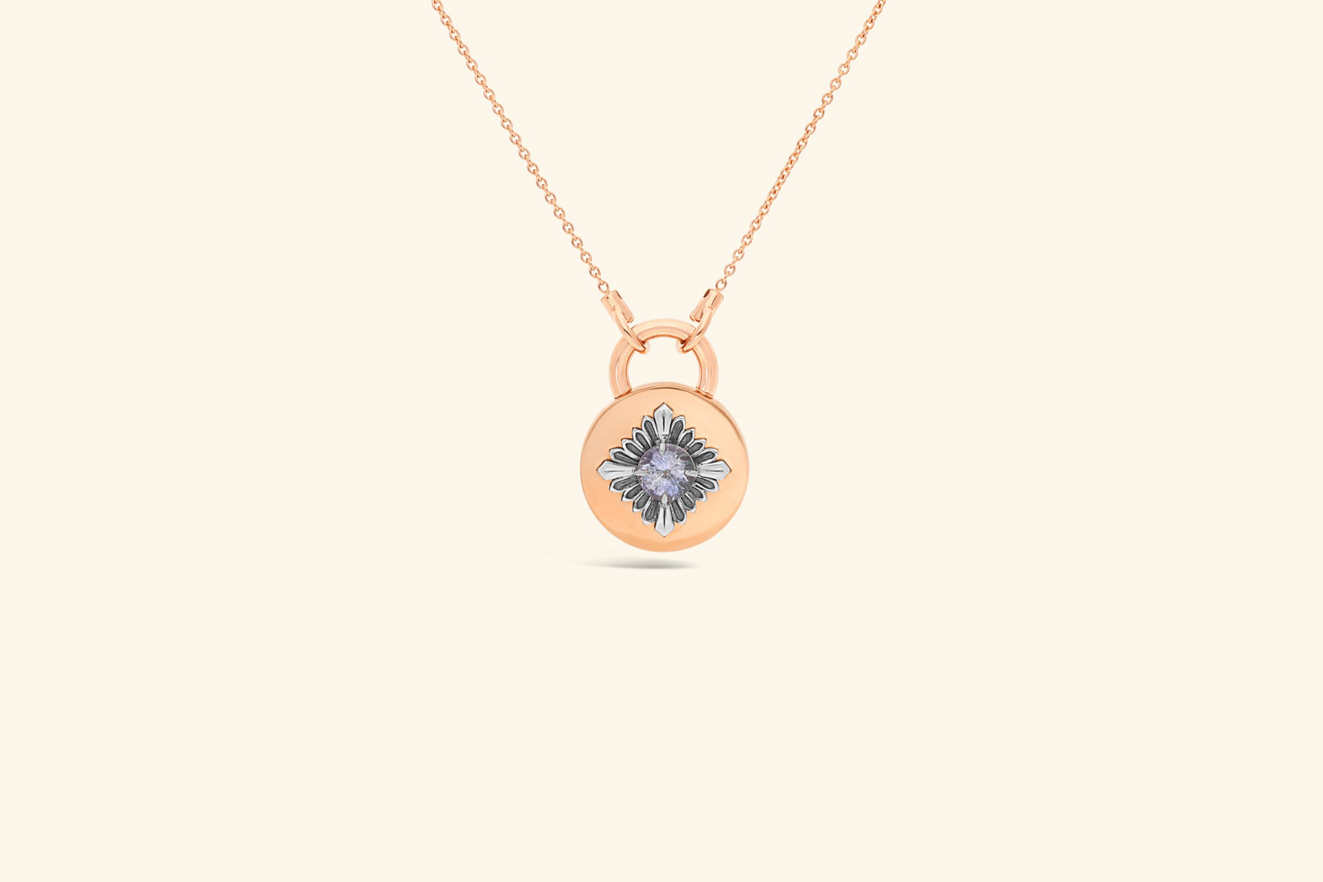 Jeton necklace, rose gold and blackened silver, mauve sapphire